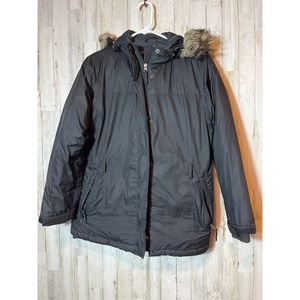 Lands End Womens Down Winter Parka Coat Black‎ Small Fur hood
